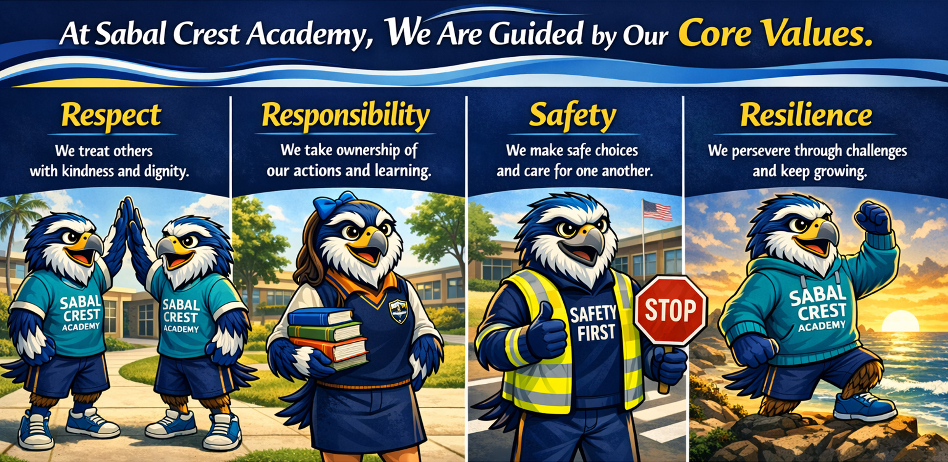 At Sabal Crest Academy, We Are Guided by Our Core Values. Respect - We treat others with kindness and dignity. Responsibility - We take ownership of our actions and learning. Safety - We make safe choices and care for one another. Resilience - We persevere through challenges and keep growing.