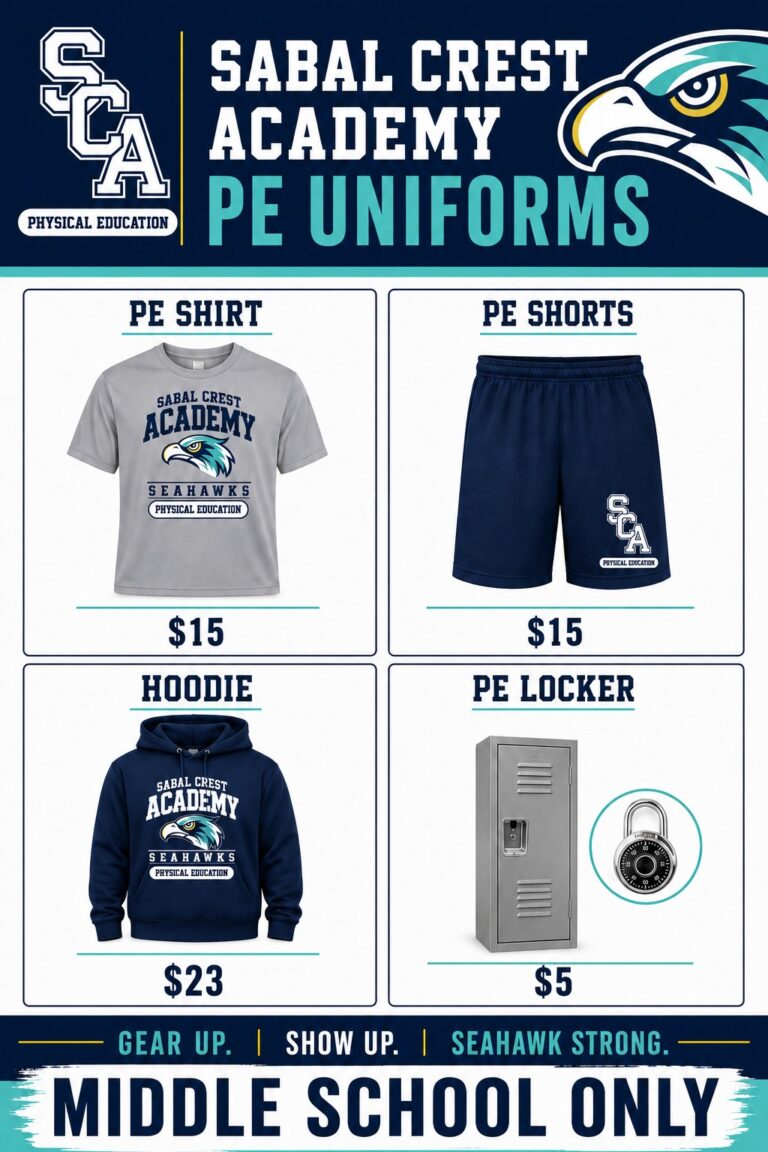 PE Uniforms - PE shirt $15, PE shorts $15, Hoodie $23, PE locker $5