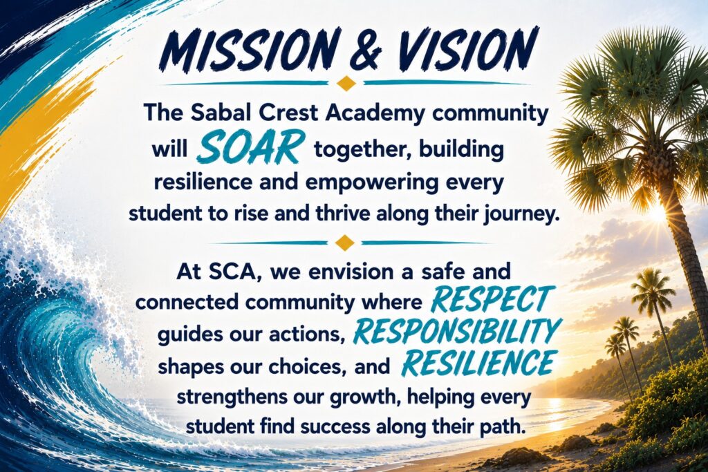 Mission & Vision - The Sabal Crest Academy community will SOAR together, building resilience and empowering every student to rise and thrive along their journey. At SCA, we envision a safe and connected community where RESPECT guides our actions, RESPONSIBILITY shapes our choices, and RESILIENCE strengthens our growth, helping every student find success along their path.